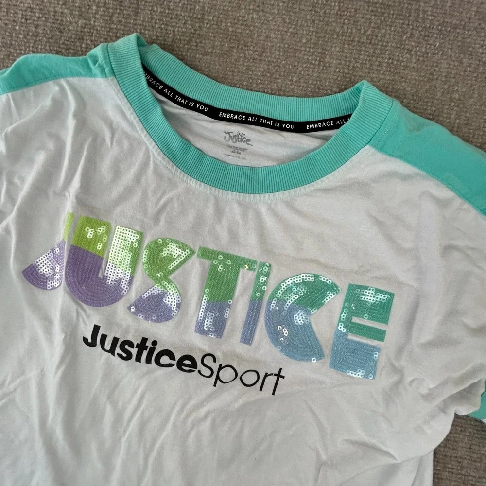 Justice Sport Embrace All That Is You T Shirt Womans White Striped Sequin Cotton
